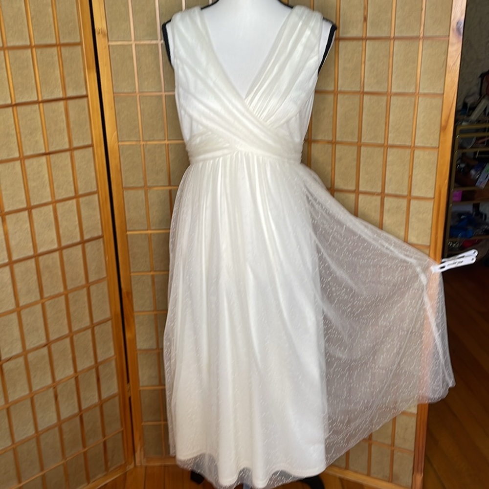 Lulus Dress Off White Dotted Tulle Empire Waist Dress